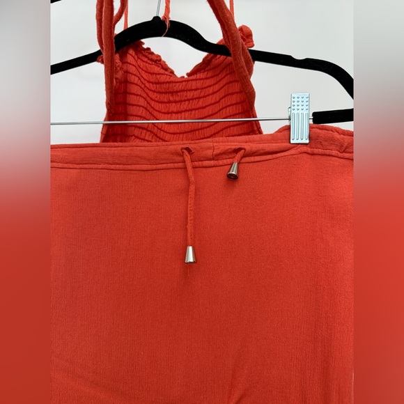 Amazon Red Boho Halter Maxi Dress Smocked Bodice Ruffle Hem Summer Chic Size M - Picture 9 of 11
